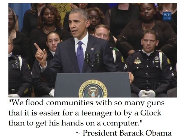 President Barack Obama claims that teens can get guns cheaper than computers at Dallas Police Shooting Memorial