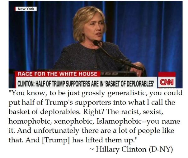 Hillary Clinton labels half of Trump supporters as "Basket of Deporables"