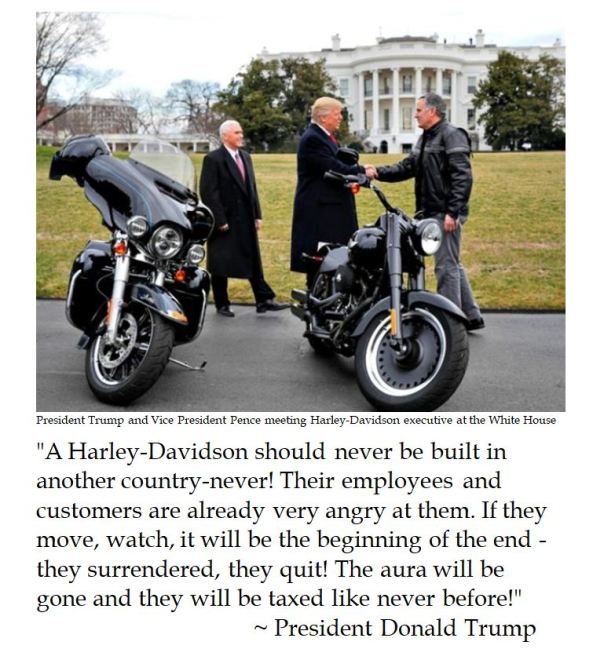 President Trump Threatens Harley Davidson with high taxes if it shifts production overseas to mitigate tariffs